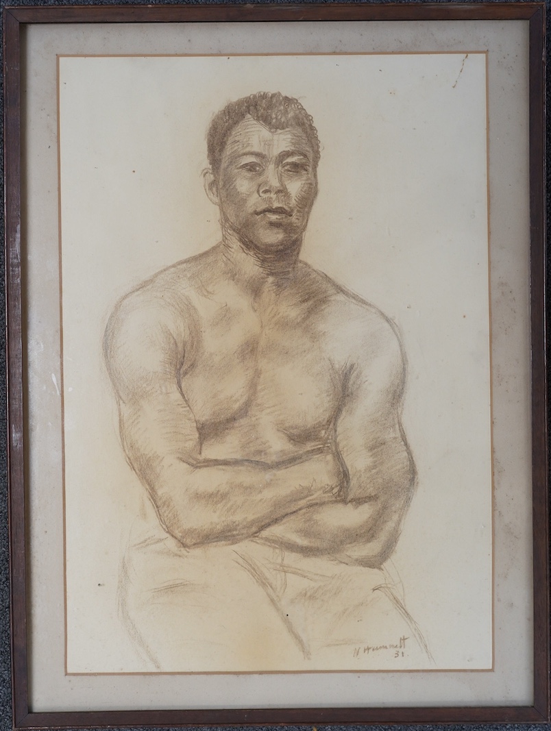 Nina Hamnett (British, 1890-1956), Portrait of a seated black man, thought to be a boxer, charcoal on paper, 49 x 34cm